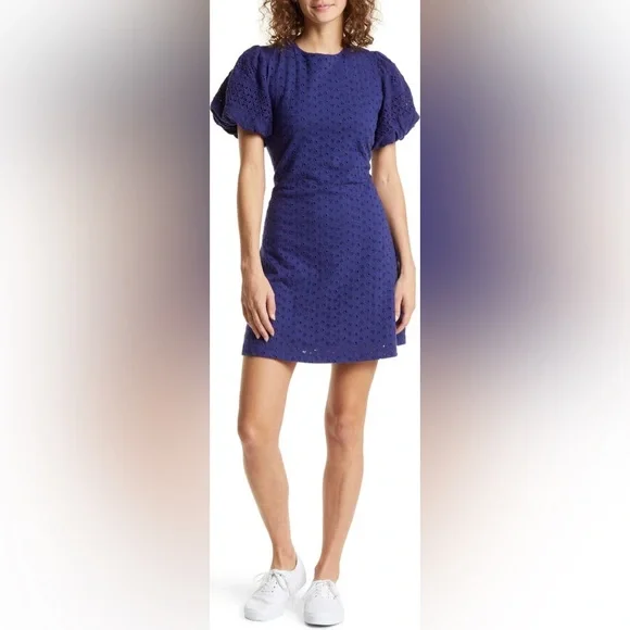 NWT Free People Apricot Rose Puff Sleeve Eyelet Dress in Living Indigo - Picture 10 of 14